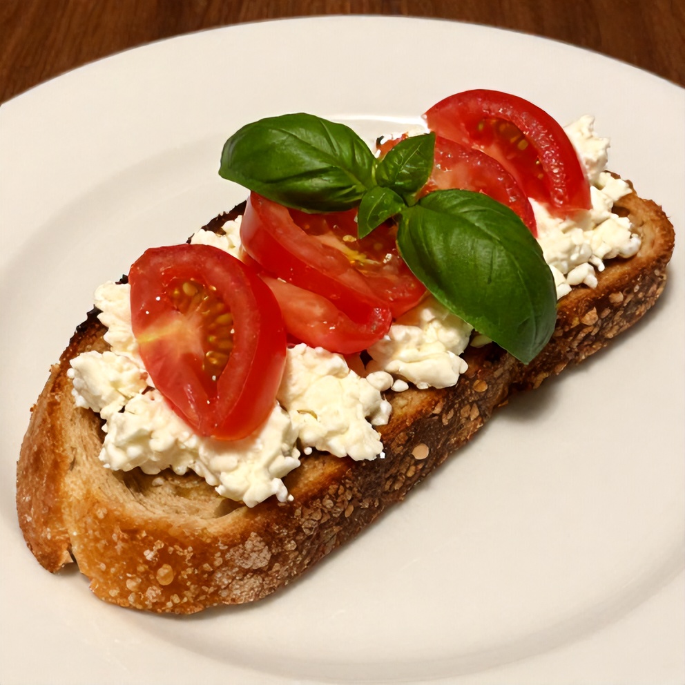 Plated tomato and cottage cheese toast with fresh basil