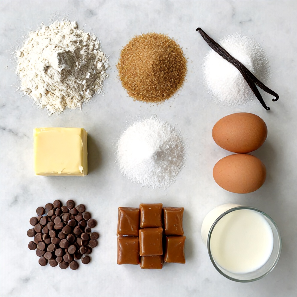 Twix Cookie Bars Ingredients Flat Lay