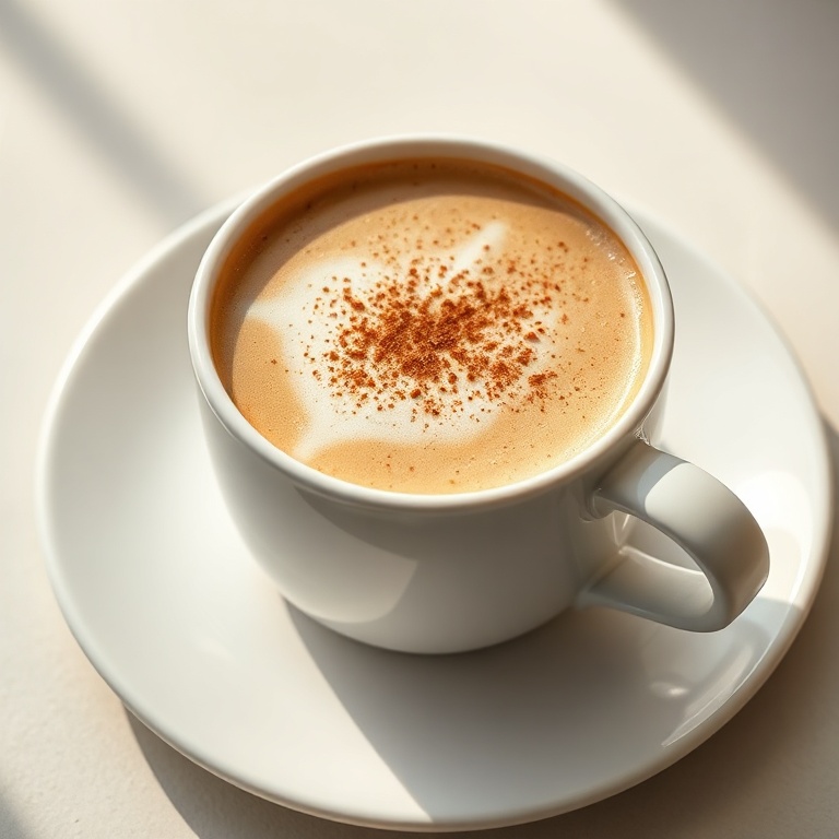 A vanilla protein latte in a white mug with a cinnamon sprinkle