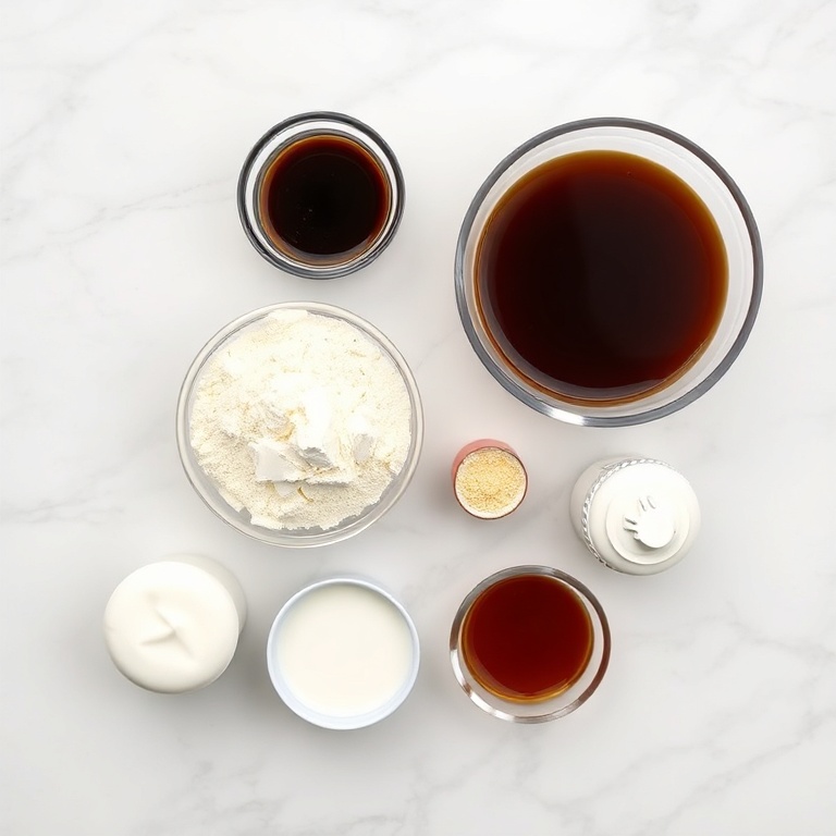 All the ingredients for a vanilla protein latte arranged in a flat lay