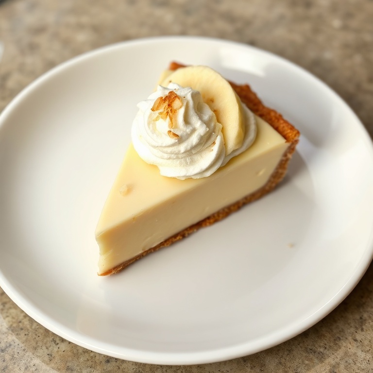 One plated serving of vegan banana cream pie on a white dessert plate, topped with coconut whipped cream and banana slices.