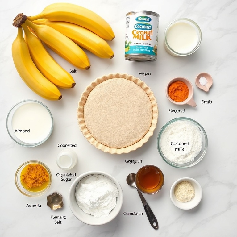 Overhead of ripe bananas, coconut milk, graham crackers, cornstarch, and vanilla arranged with small bowls on white marble.