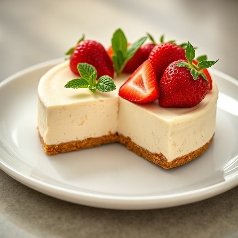 A perfectly plated vegan no bake cheesecake with fresh berries and mint. Soft lighting highlights the texture.