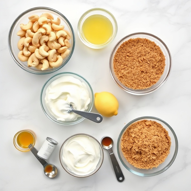 Raw ingredients for a vegan no bake cheesecake. Cashews, coconut cream, lemon juice, vanilla extract, and graham cracker crumbs arranged in a flat lay.
