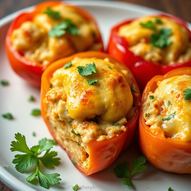 Perfectly plated stuffed peppers with a sprinkle of cilantro