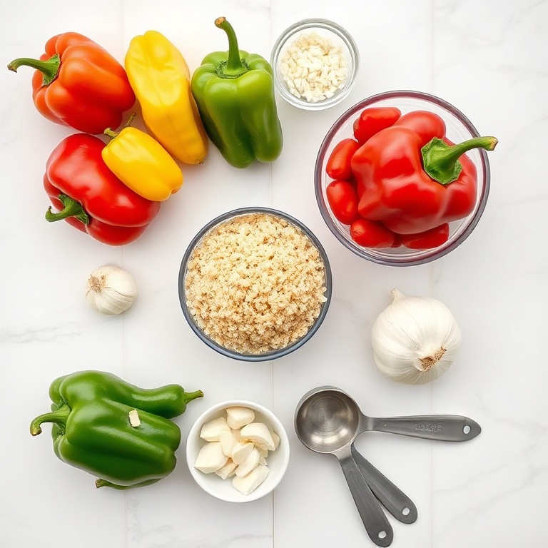 Raw peppers, quinoa, pimento cheese, onions, and garlic arranged in a flat lay