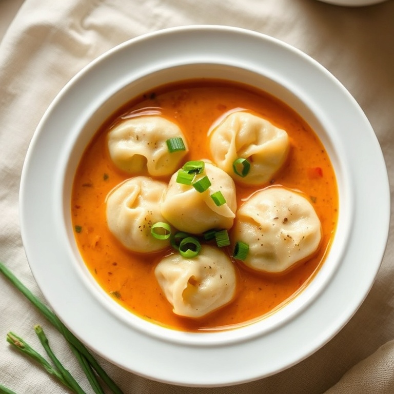 A perfectly plated serving of Easy Vegan Thai Curry Dumpling Soup. Garnished with green onions. A white ceramic bowl. Warm light highlights texture. No text or watermark.