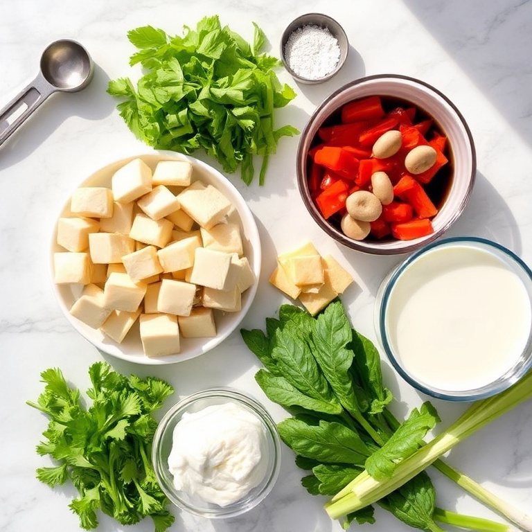 Raw ingredients for Easy Vegan Thai Curry Dumpling Soup. Tofu, vegetables, soy sauce, coconut milk, and lemongrass. Measuring tools and bowls visible. White marble surface. Bright natural light.