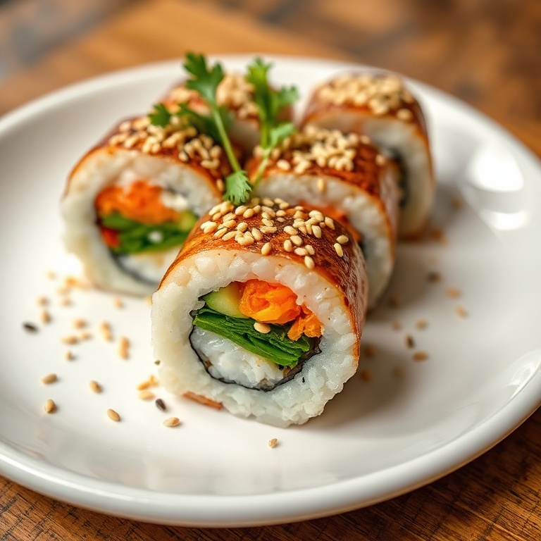 A plate of veggie sushi with a garnish of sesame seeds. Close crop showing texture and colors. White plate under warm lighting.