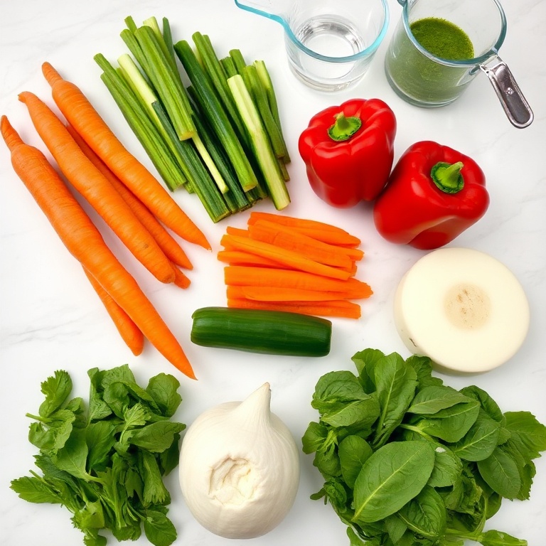 A flat lay of raw ingredients for veggie sushi. Carrots, cucumbers, spinach, bell peppers, and jicama visible. Measuring cups and bowls in the background.