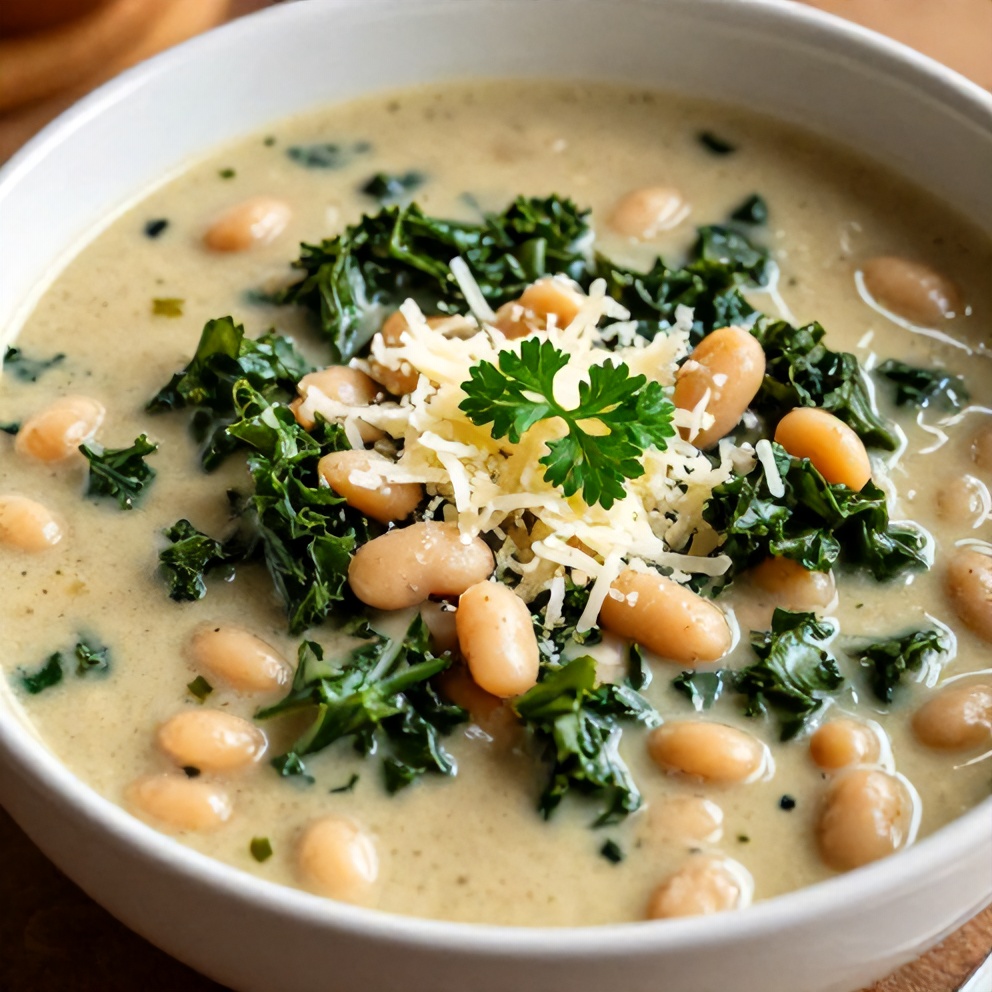 Bowl of creamy white bean and kale soup