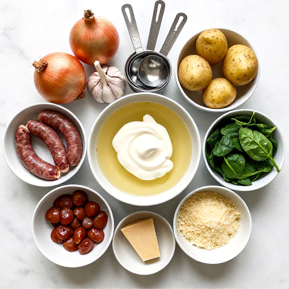 Raw ingredients for Zuppa Toscana Casserole on a marble surface