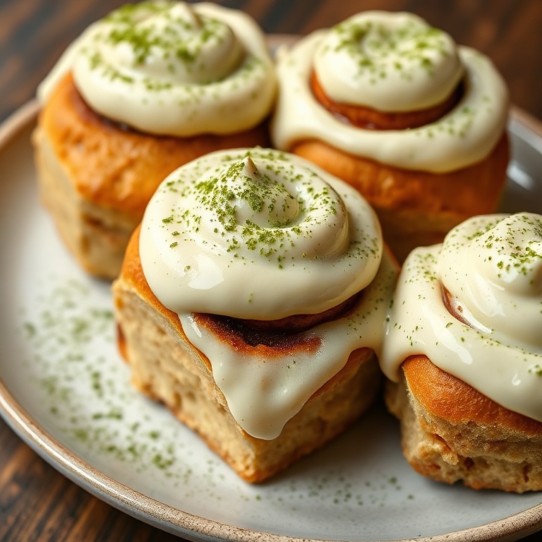 Perfectly plated matcha cinnamon rolls with cream cheese frosting, topped with a sprinkle of matcha powder