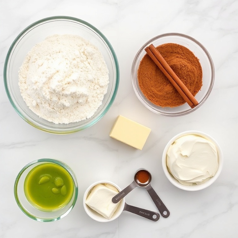 Fresh ingredients for matcha cinnamon rolls including flour, matcha powder, cinnamon, butter, and cream cheese