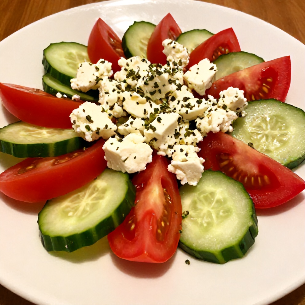 Plated Fresh Cucumber Tomato Feta Salad