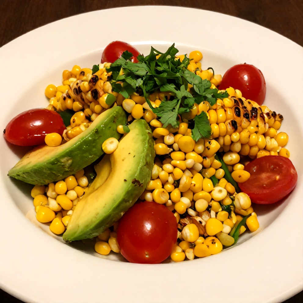 Plated Fresh Grilled Corn Avocado Salad with Cherry Tomatoes