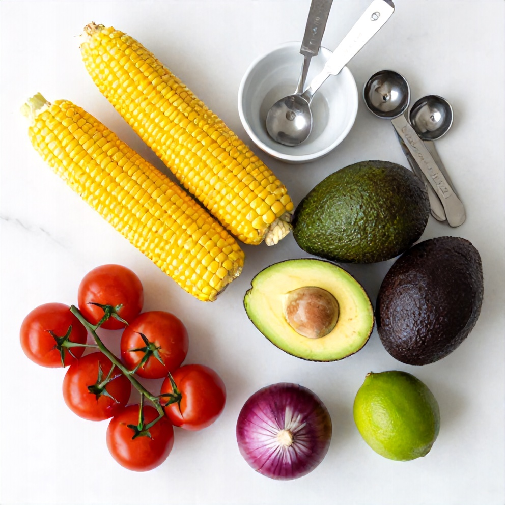 Raw ingredients for Fresh Grilled Corn Avocado Salad with Cherry Tomatoes