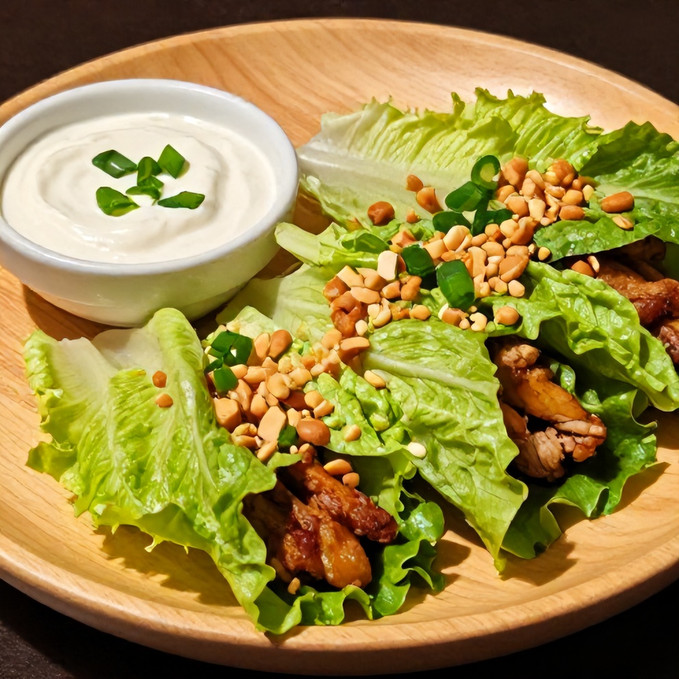 Plated Fresh Lettuce Wraps with Almond Dip