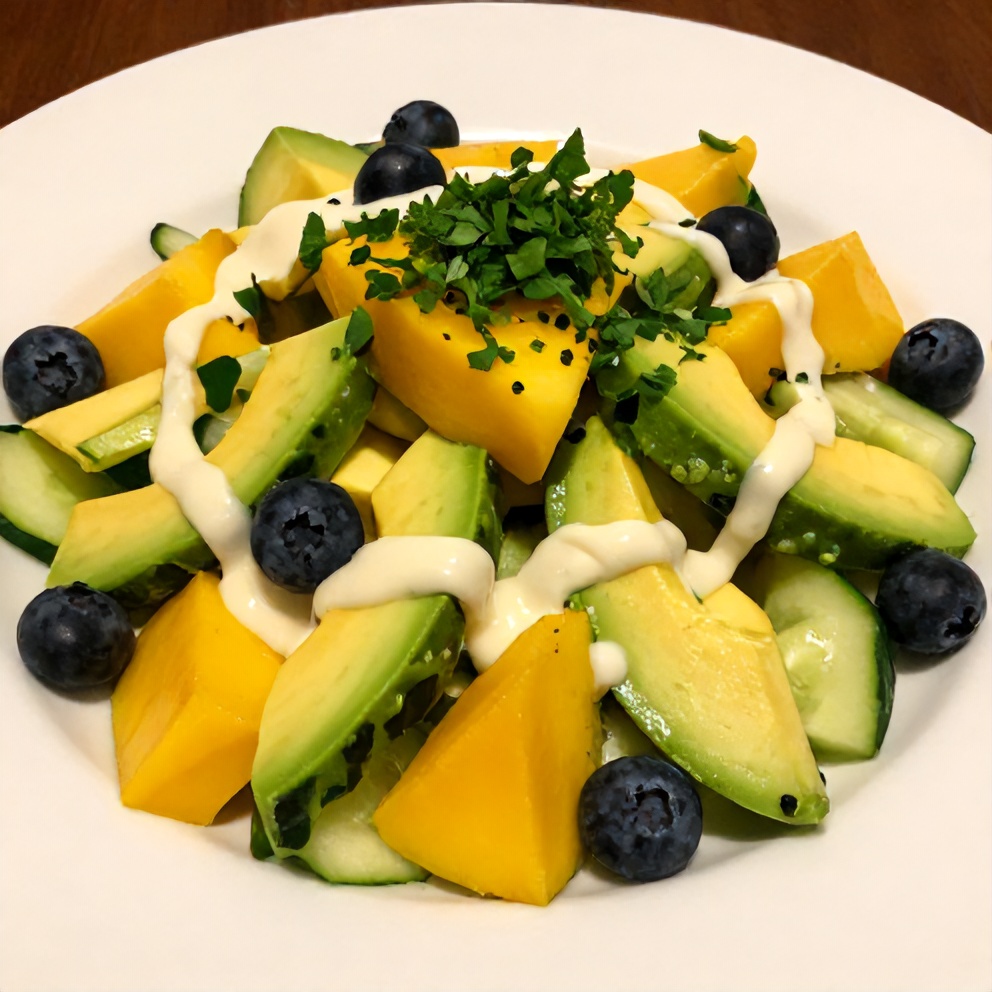 Plated serving of fresh mango cucumber salad with blueberries and avocado