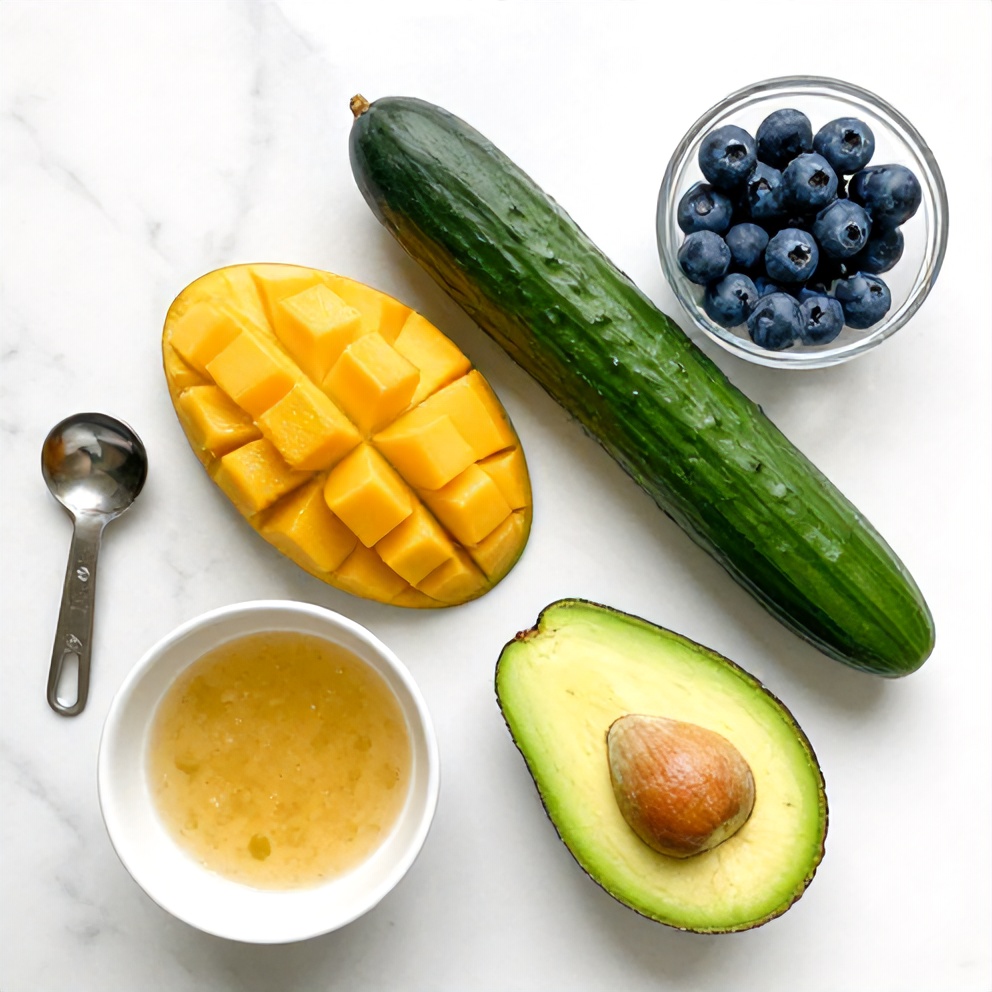 Raw ingredients for mango cucumber salad on a white marble surface