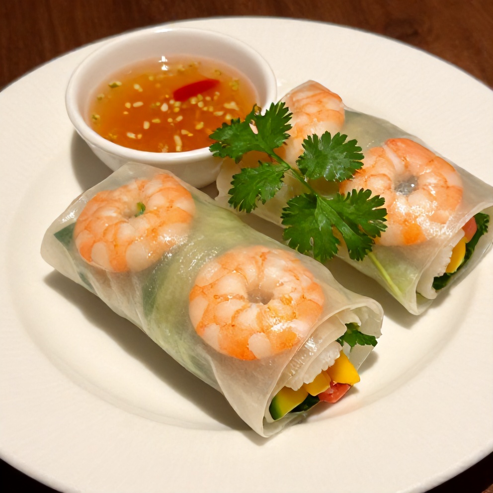 Fresh Mango Shrimp Summer Rolls with Tangy Dipping Sauce on a white plate