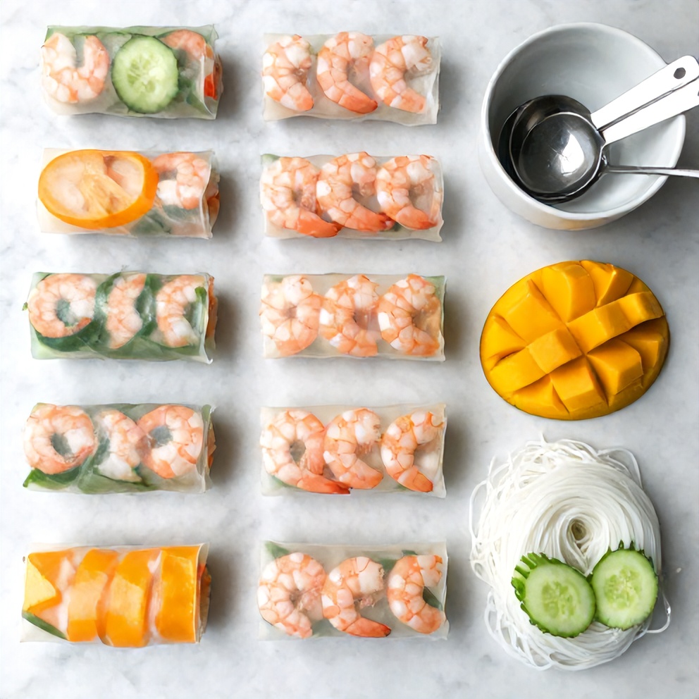 Raw ingredients for Fresh Mango Shrimp Summer Rolls on a white marble surface