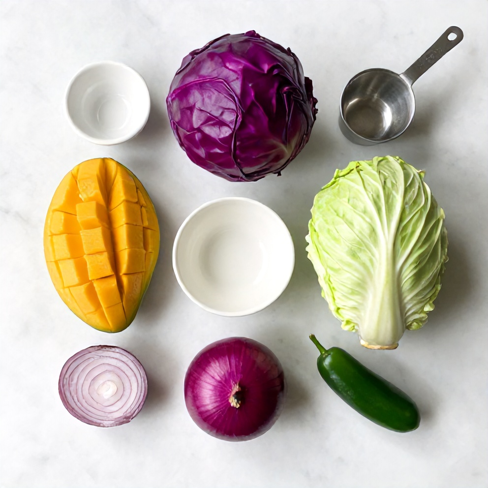 Raw ingredients for fresh mango slaw on a wooden surface