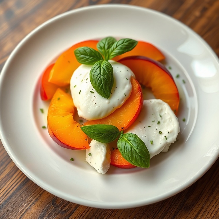 Perfectly plated Fresh Peach Burrata Salad with fresh basil garnish on a white ceramic plate
