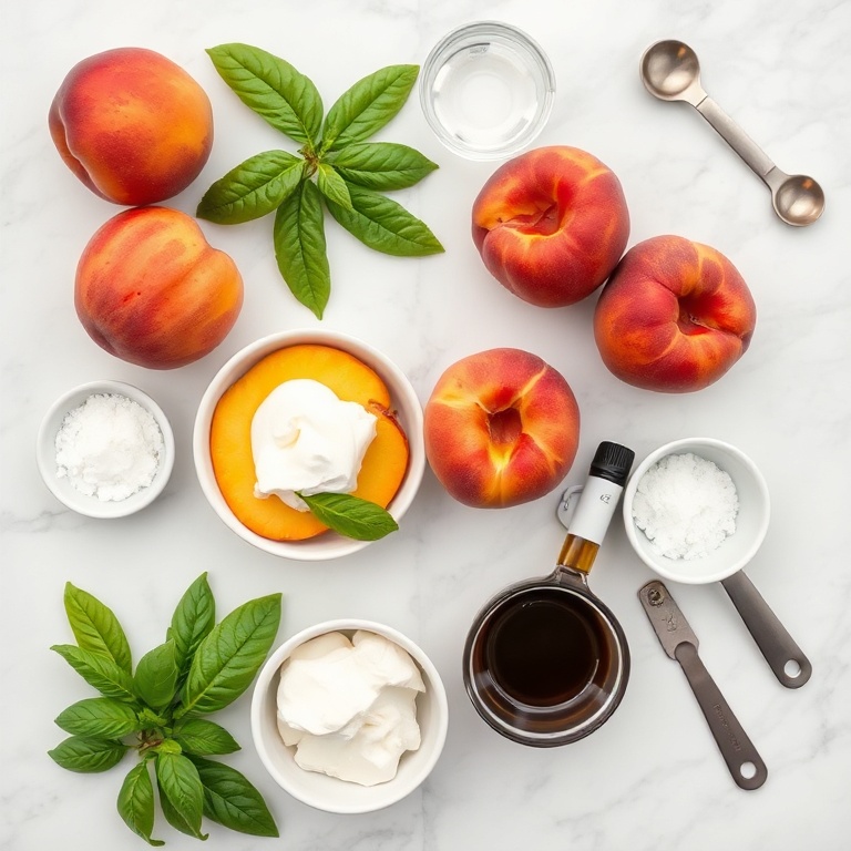 Fresh peaches, burrata, basil, olive oil, balsamic vinegar, and sea salt arranged on a white marble surface
