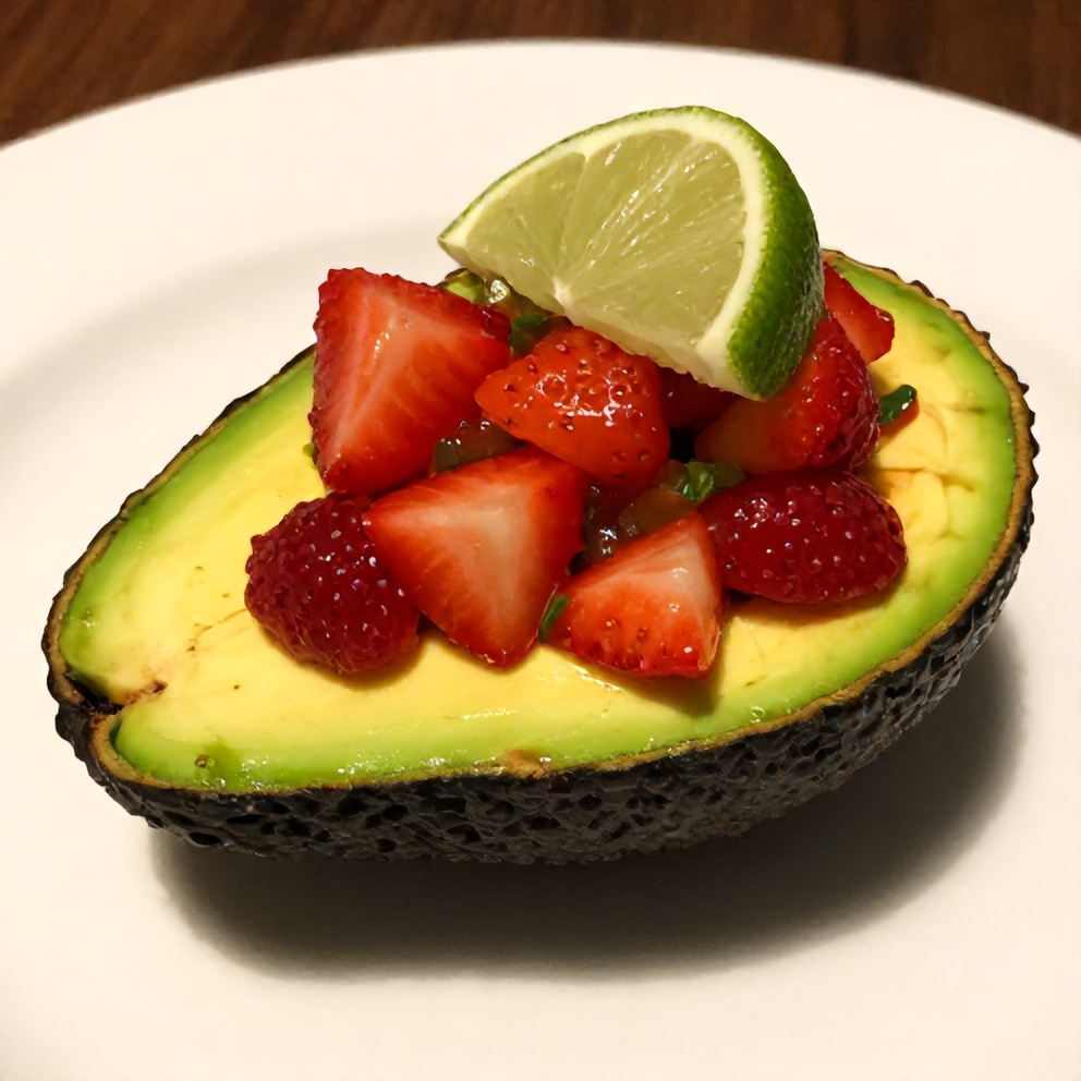 Plated fresh strawberry salsa stuffed avocados with a lime wedge