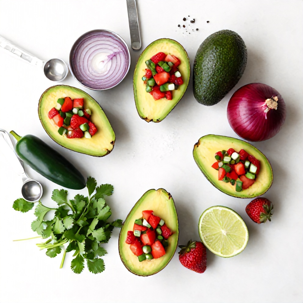 Ingredients for fresh strawberry salsa stuffed avocados on a white marble surface
