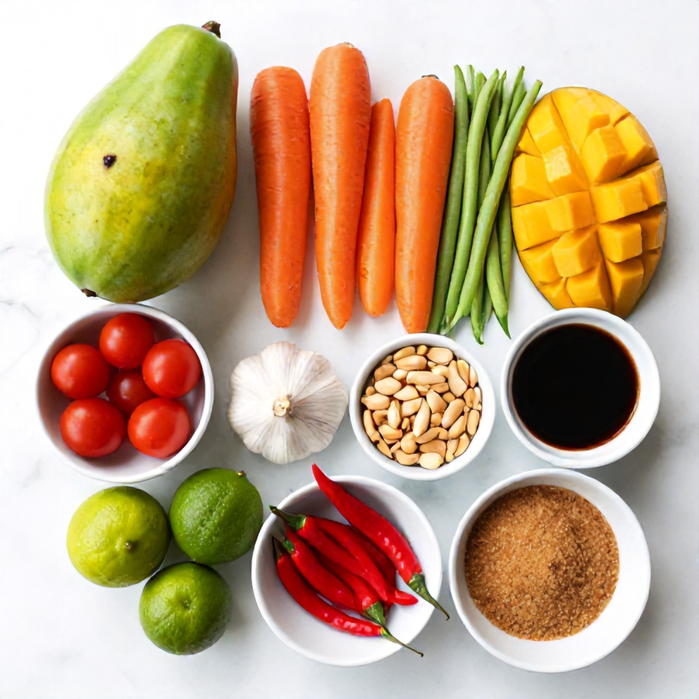 Raw ingredients for Fresh Thai Mango Green Papaya Salad