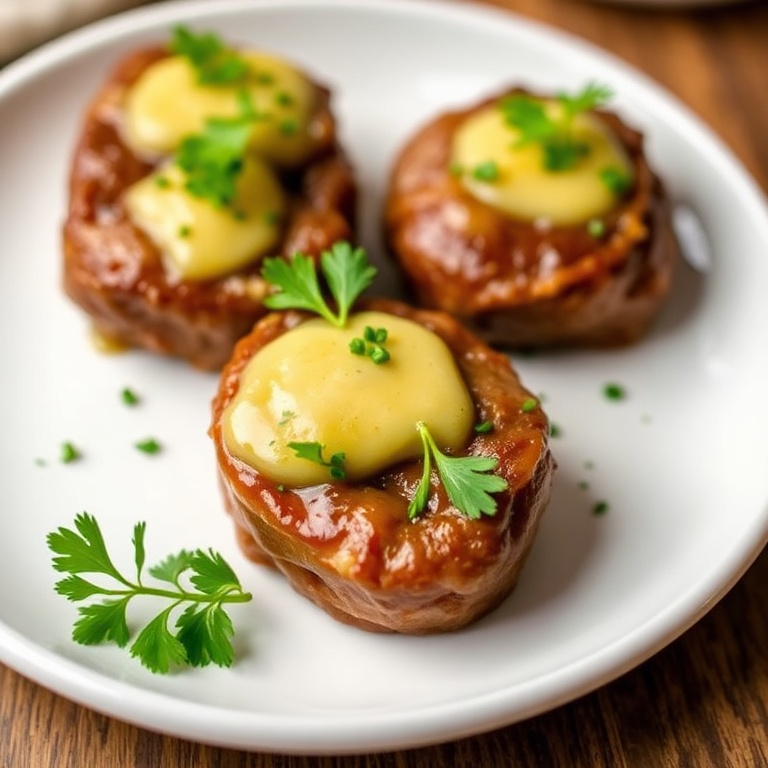 Garlic Butter Steak Bites plated on a white plate. Garnished with fresh parsley. Close-up showing texture. Warm lighting.
