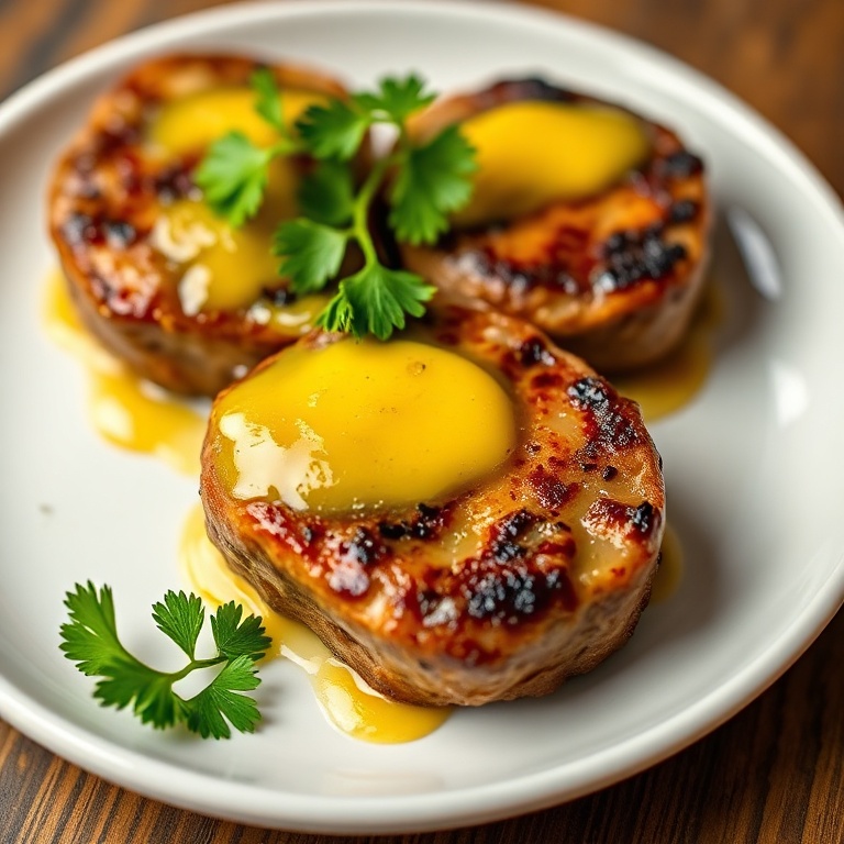 Garlic butter steak bites on a white plate with fresh parsley on top