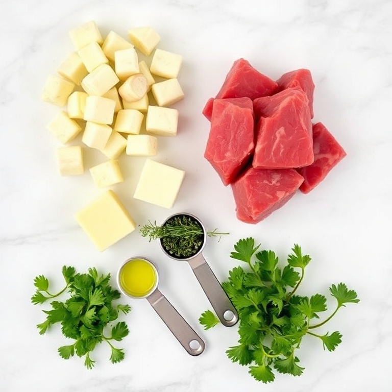 Raw ingredients for Garlic Butter Steak Bites. Beef cubes, garlic, butter, thyme, and parsley. Measuring spoons on white marble surface. Bright light.