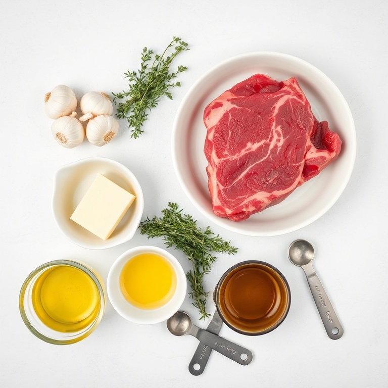 Raw steak, garlic, butter, thyme, olive oil, and salt arranged in a flat lay