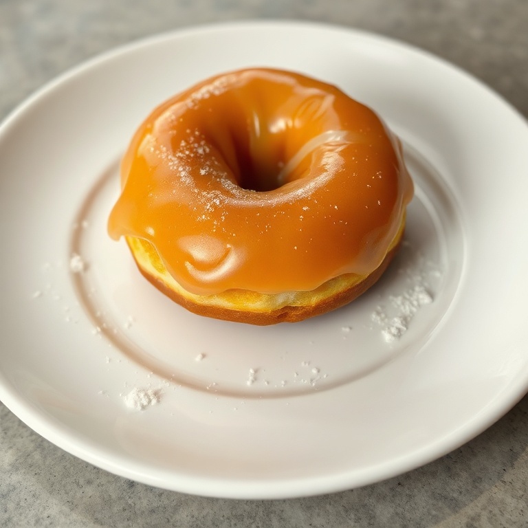 One glazed donut garnished with a sprinkle of powdered sugar on a white plate, showing its golden exterior and fluffy crumb.