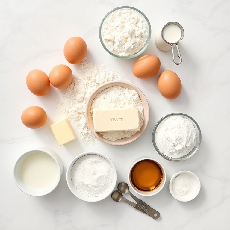Overhead view of ingredients for glazed donuts with milk bread dough: bread flour, eggs, yeast, butter, whole milk, sugar displayed with bowls and cups.