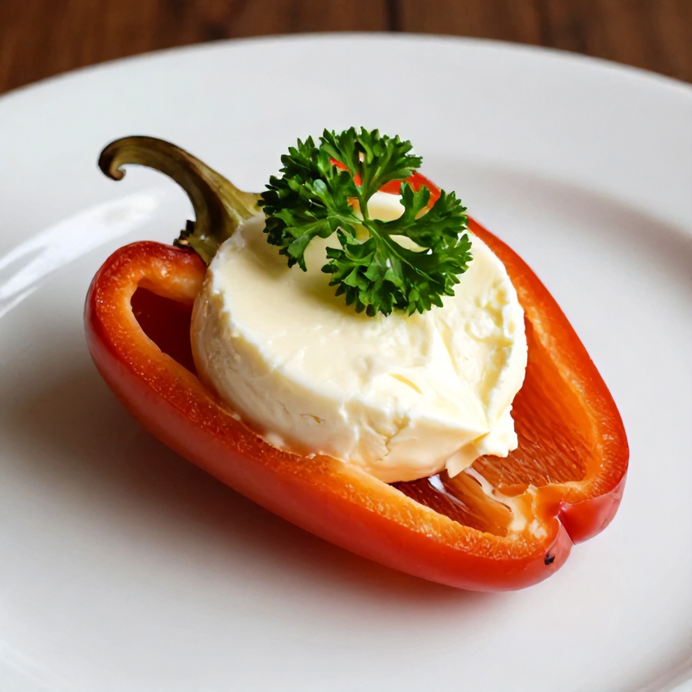 Plated goat cheese stuffed mini peppers with fresh parsley garnish