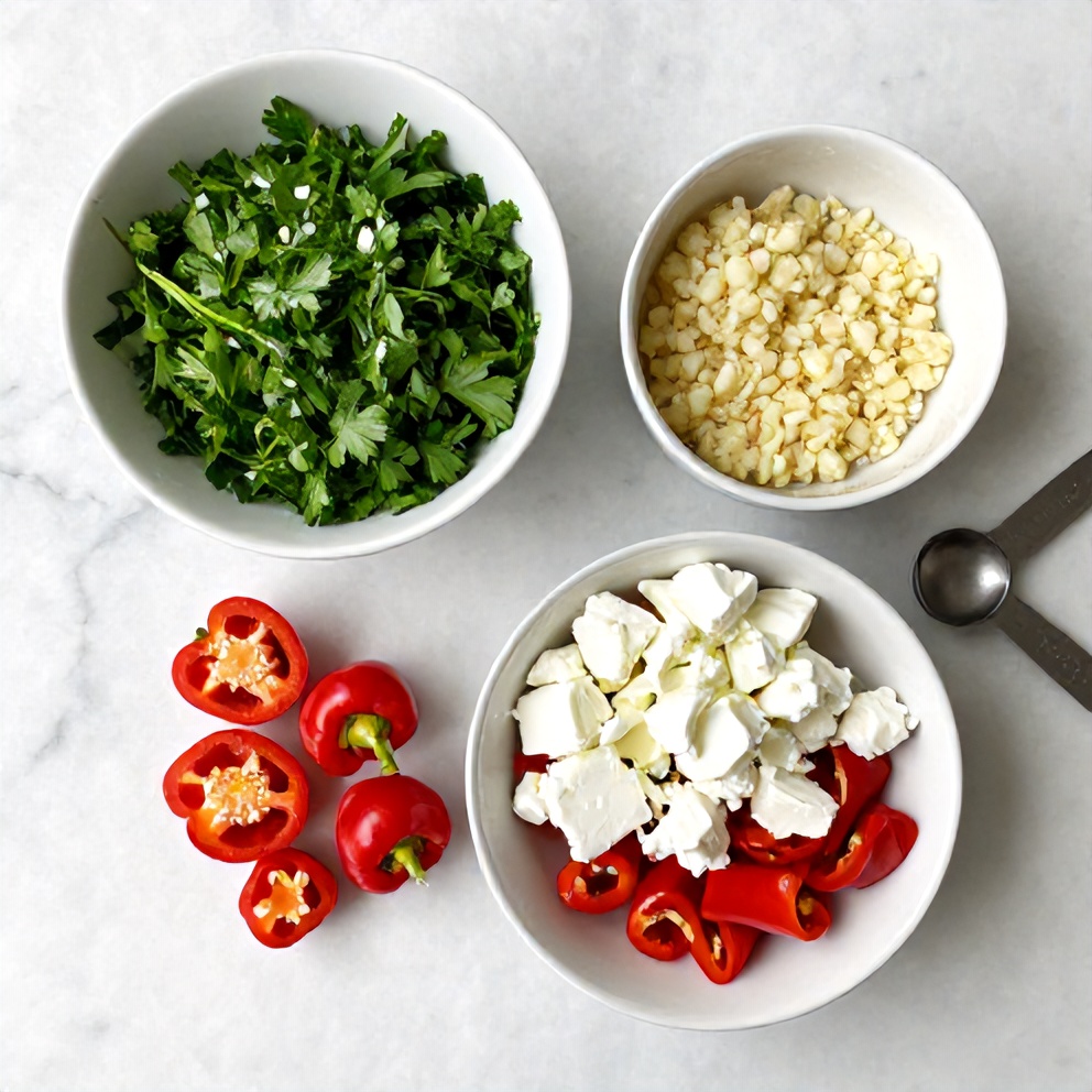 Raw ingredients for goat cheese stuffed mini peppers on a marble surface