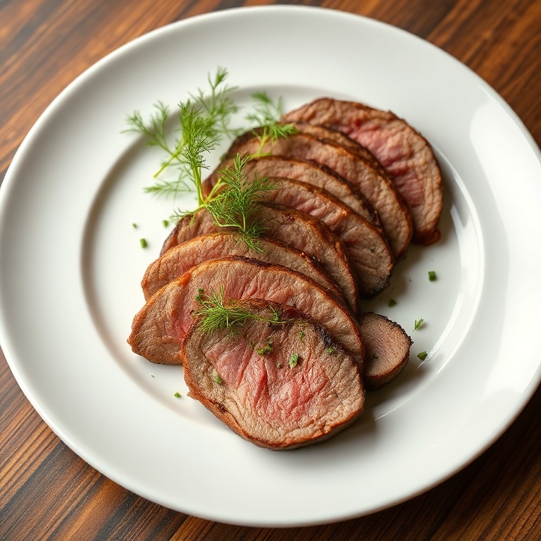 Grilled balsamic flank steak with zucchini. Sliced steak on a white plate. Fresh dill and a balsamic drizzle on top.