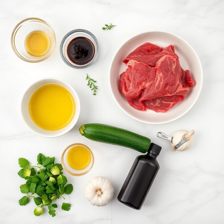 Raw flank steak, balsamic vinegar, zucchini, garlic, olive oil, salt, pepper, and herbs arranged in an overhead flat lay.