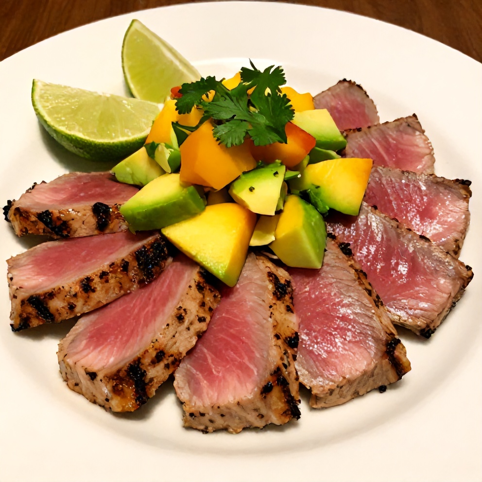 Plated grilled tuna steak with fresh mango avocado salsa