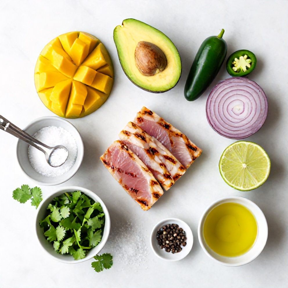 Raw ingredients for grilled tuna steak with mango avocado salsa