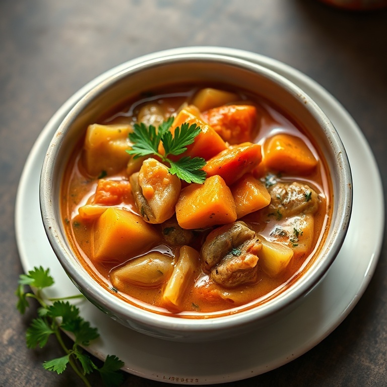 A single serving of vegetable stew in a deep bowl, garnished with fresh herbs, showing the rich layers and creamy texture, with warm side lighting highlighting the dish.
