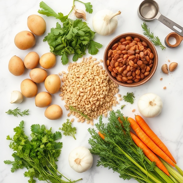 A flat lay of fresh vegetables, lentils, potatoes, onions, garlic, and herbs arranged on a white marble surface with measuring tools and bowls nearby.