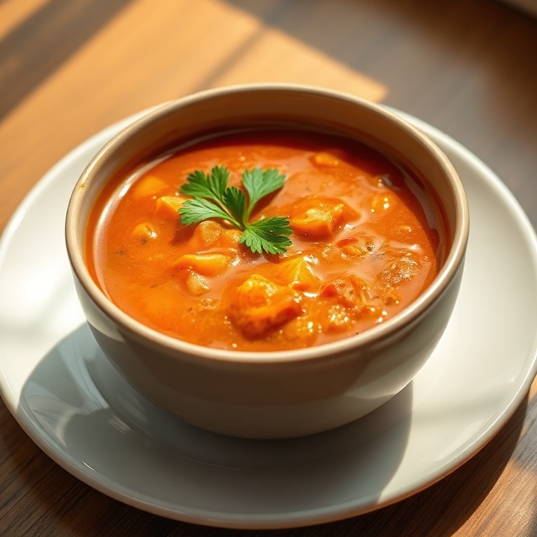 A single serving of the soup in a deep ceramic bowl. Garnished with fresh parsley. Warm light highlights the rich colors and textures. Simple white plate in the background.