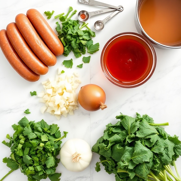 Overhead flat lay of fresh ingredients. Italian sausage links, chopped kale, onion, garlic, tomato paste, and chicken broth. Measuring spoons and a mixing bowl in the background. Bright natural light on white marble surface.