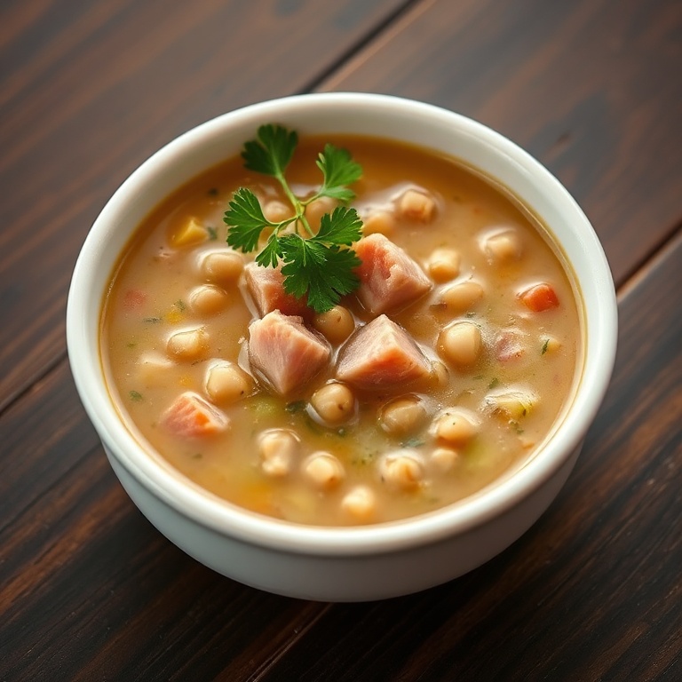 A single bowl of split pea soup topped with fresh parsley. The soup is creamy with visible ham and vegetables. A white ceramic bowl sits on a dark wooden table.