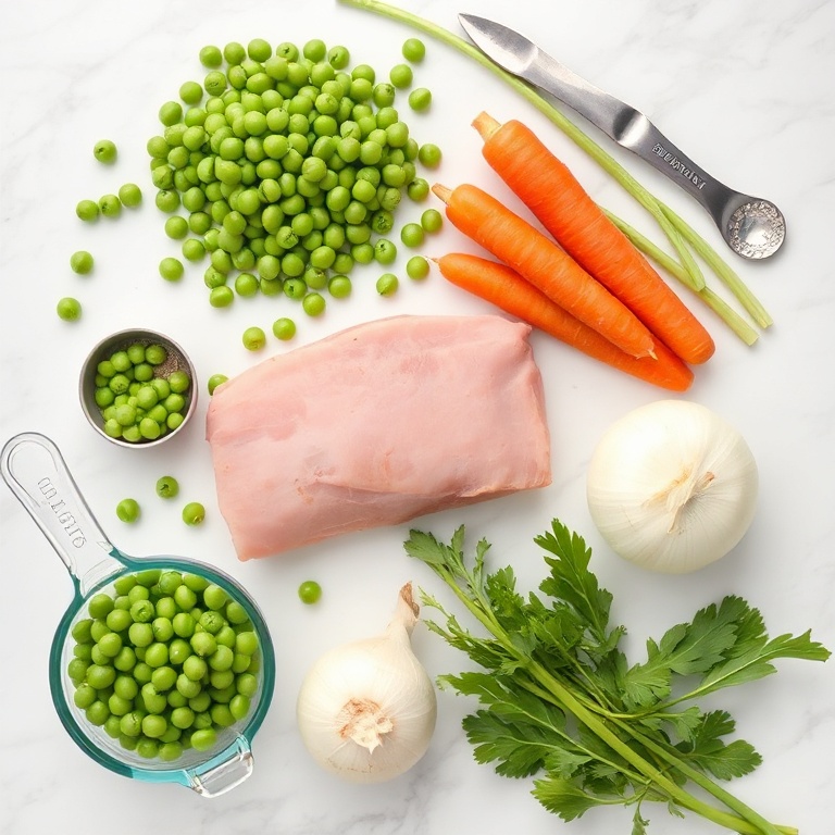 Raw ingredients for split pea soup: green split peas, ham, carrots, celery, onion, garlic, and vegetable broth arranged in a flat lay. Measuring cups and bowls visible.